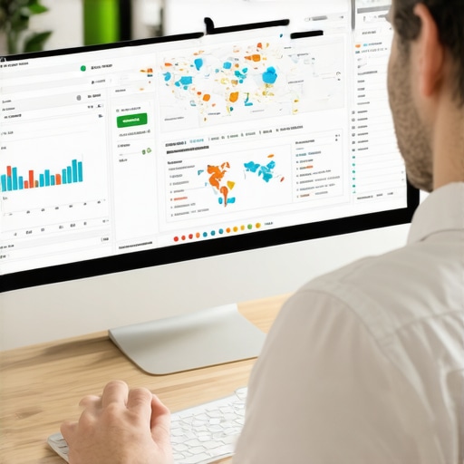 A person reviewing local SEO performance metrics on a laptop with visual graphs and maps