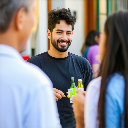 Business owner interacting with community members at a local event