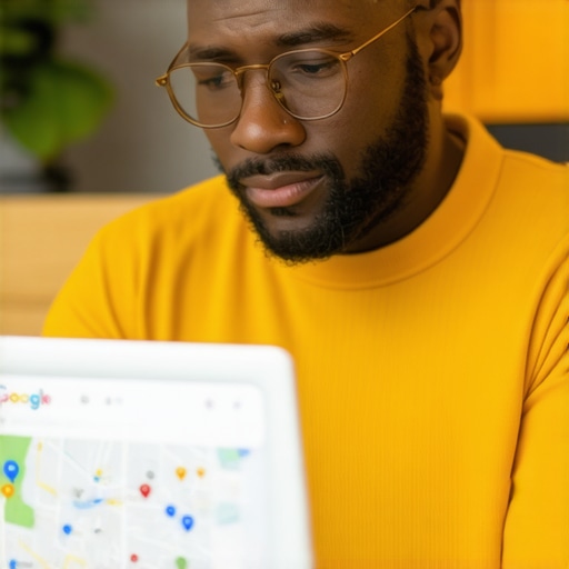 Optimizing Local Business Profile for Google Maps Business owner optimizing Google My Business profile with local maps on laptop.