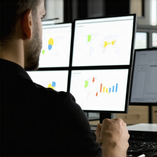 A marketer analyzing local SEO metrics on screens with maps and graphs.