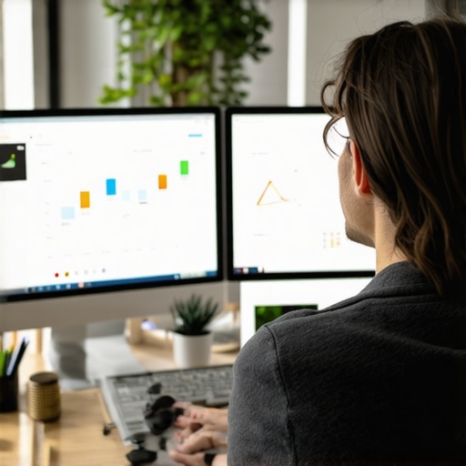 A marketer using dual monitors with SEO dashboards and citation management tools in a modern office.