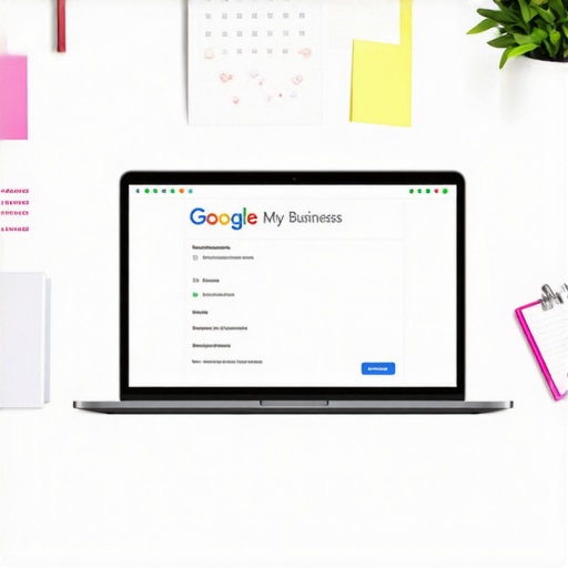A workspace with a laptop showing Google My Business dashboard and SEO tools.