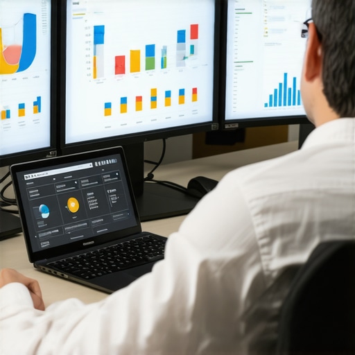 Person analyzing local SEO data with multiple digital devices in a modern office environment.
