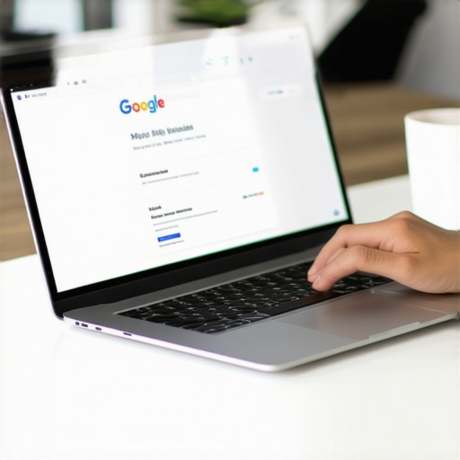 Small business owner optimizing their Google My Business profile on a laptop, surrounded by SEO tools.