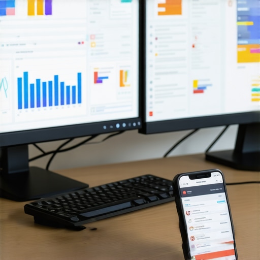Desk with monitors displaying local SEO data and review management tools