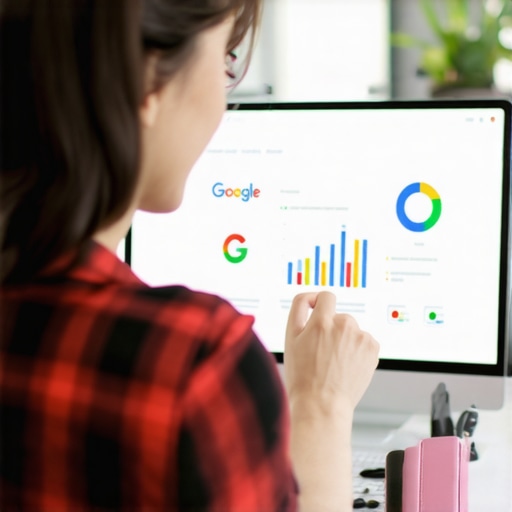 Business owner updating Google My Business profile on laptop with analytics charts