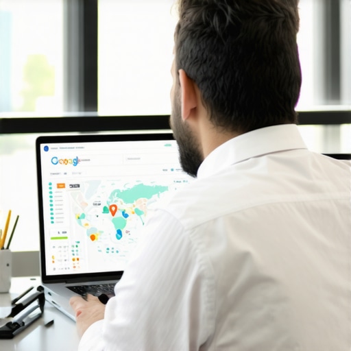 Businessman reviewing Google Maps ranking metrics on laptop.