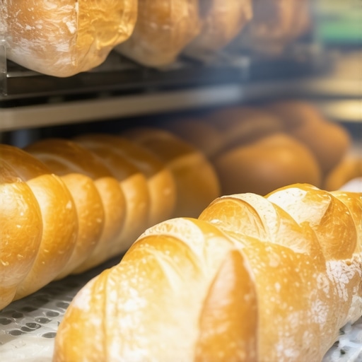 A bakery display filled with freshly baked bread and pastries, inviting atmosphere.