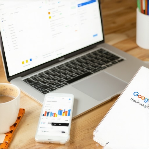 Laptop and smartphone displaying local SEO analytics and Google My Business insights in a workspace