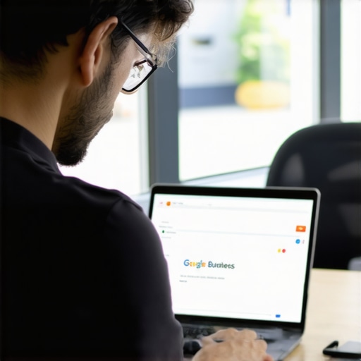 Business owner updating Google Business Profile on laptop in a bright office.