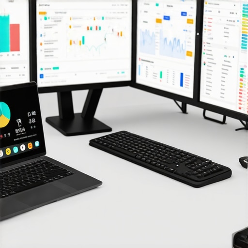 A workspace setup with monitors showing local SEO analytics and ranking dashboards.