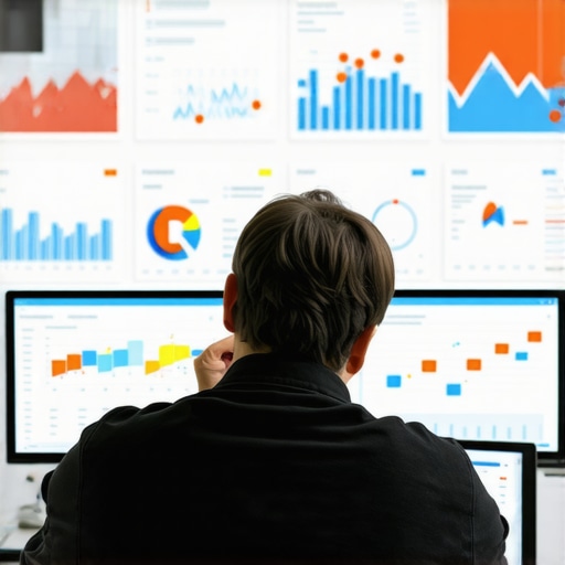 Person reviewing local SEO analytics on screens with graphs, maps, and data dashboards.
