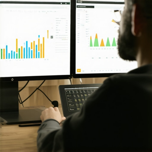 A digital marketer analyzing SEO and review data on dual monitors to maintain Google Business rankings.