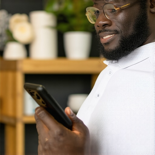 Engaged business owner responding to customer reviews on mobile device.