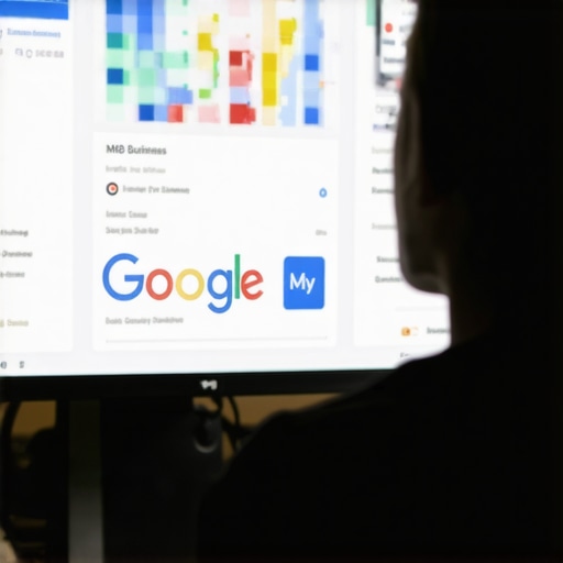 Person reviewing GMB profile and SEO analytics on computer.