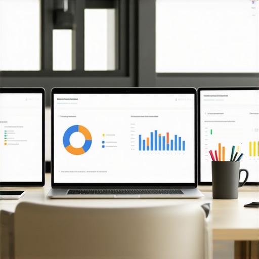 A workspace showing various local SEO analytics and review management tools on a desk.