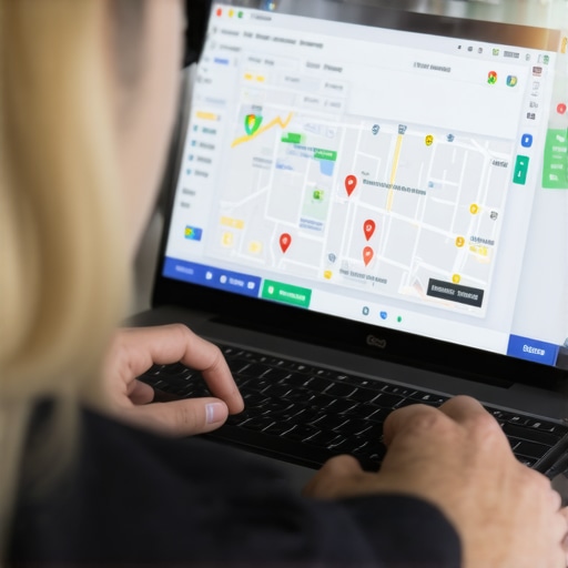 Person updating and optimizing a Google My Business profile on a laptop with local map analytics.