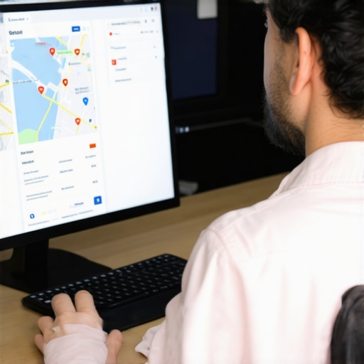 Business owner updating Google profile on laptop with local maps and SEO metrics