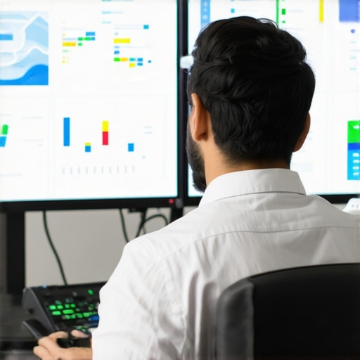 SEO Analyst Reviewing Local Rankings A digital marketing professional reviewing local SEO and Google My Business analytics on multiple screens.