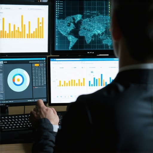 A professional analyzing local SEO and map rankings on multiple screens with graphs and maps.