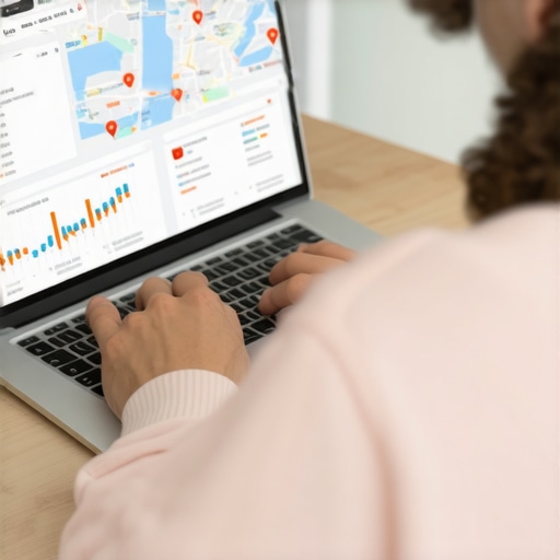 Analyzing Local Search Data Person reviewing Google Maps rankings on a laptop with visual charts and maps