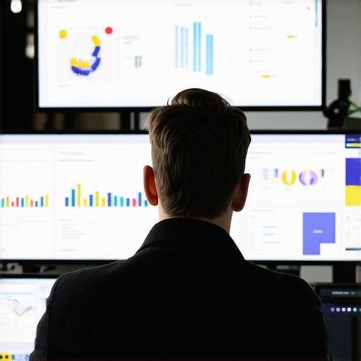 A person analyzing SEO performance metrics on screens with maps and graphs.