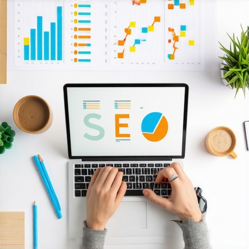 Optimizing GMB Maintenance Routine Person analyzing local SEO metrics on a laptop with charts and checklists.