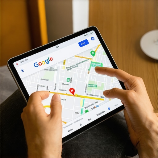 Person editing Google My Business profile on a tablet with map visuals.